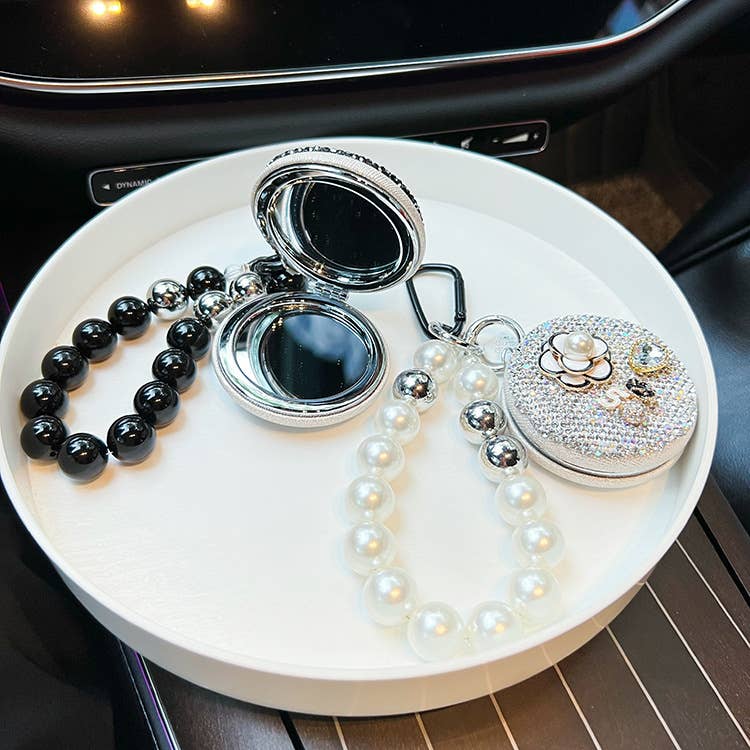 Black Beaded Round Camelia Keychain with Mirror