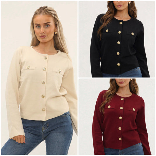 Crew Neck Gold Popper Button Knitted Cardigan