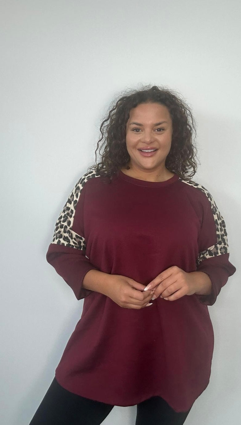 Plus Size Curve Longline Top with Leopard Print Sleeve Detail