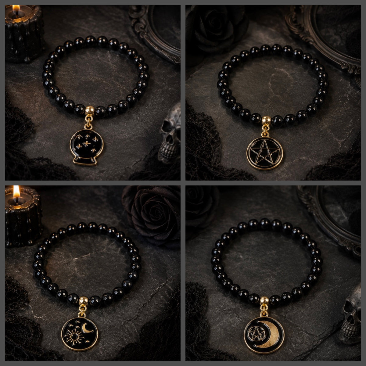 Black and Gold Gothic Halloween Stretch Beaded Bracelet with Charm