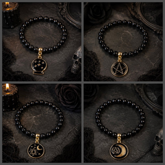 Black and Gold Gothic Halloween Stretch Beaded Bracelet with Charm