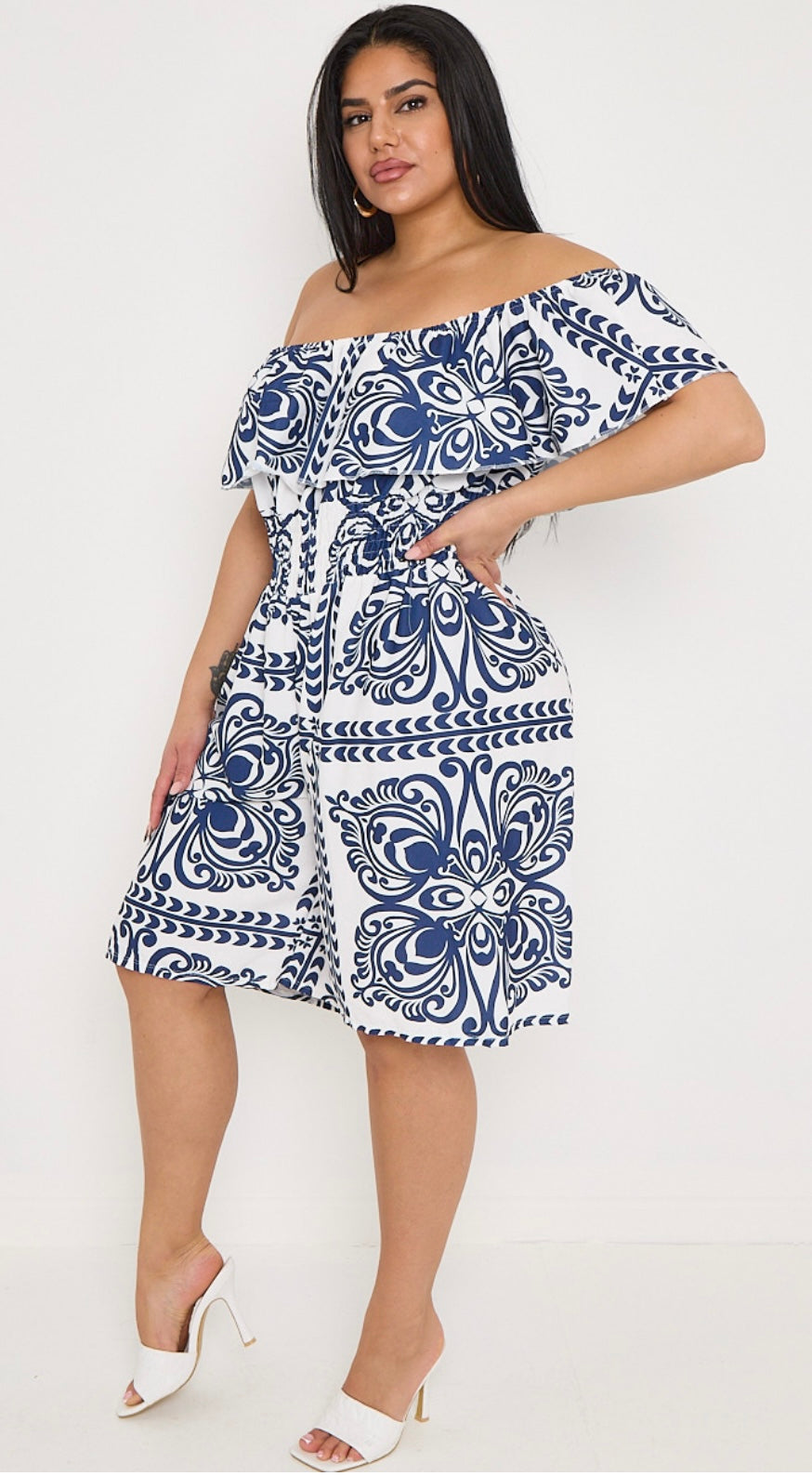 Plus Size Navy Printed Bardot Overlay Shirred Waist Playsuit