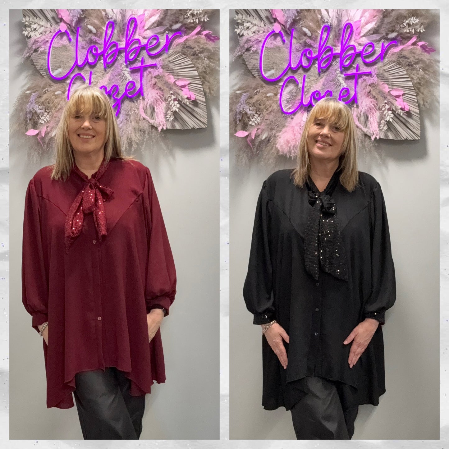 Plus Size Sequin Pussybow Blouse - Plain Cuff