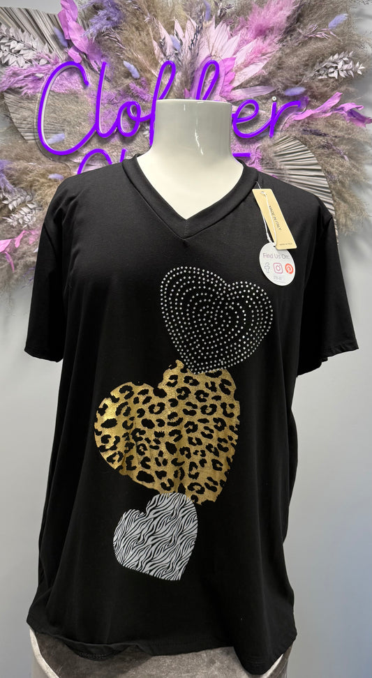 Plus Size Diamante and Leopard Heart Short Sleeve T Shirt