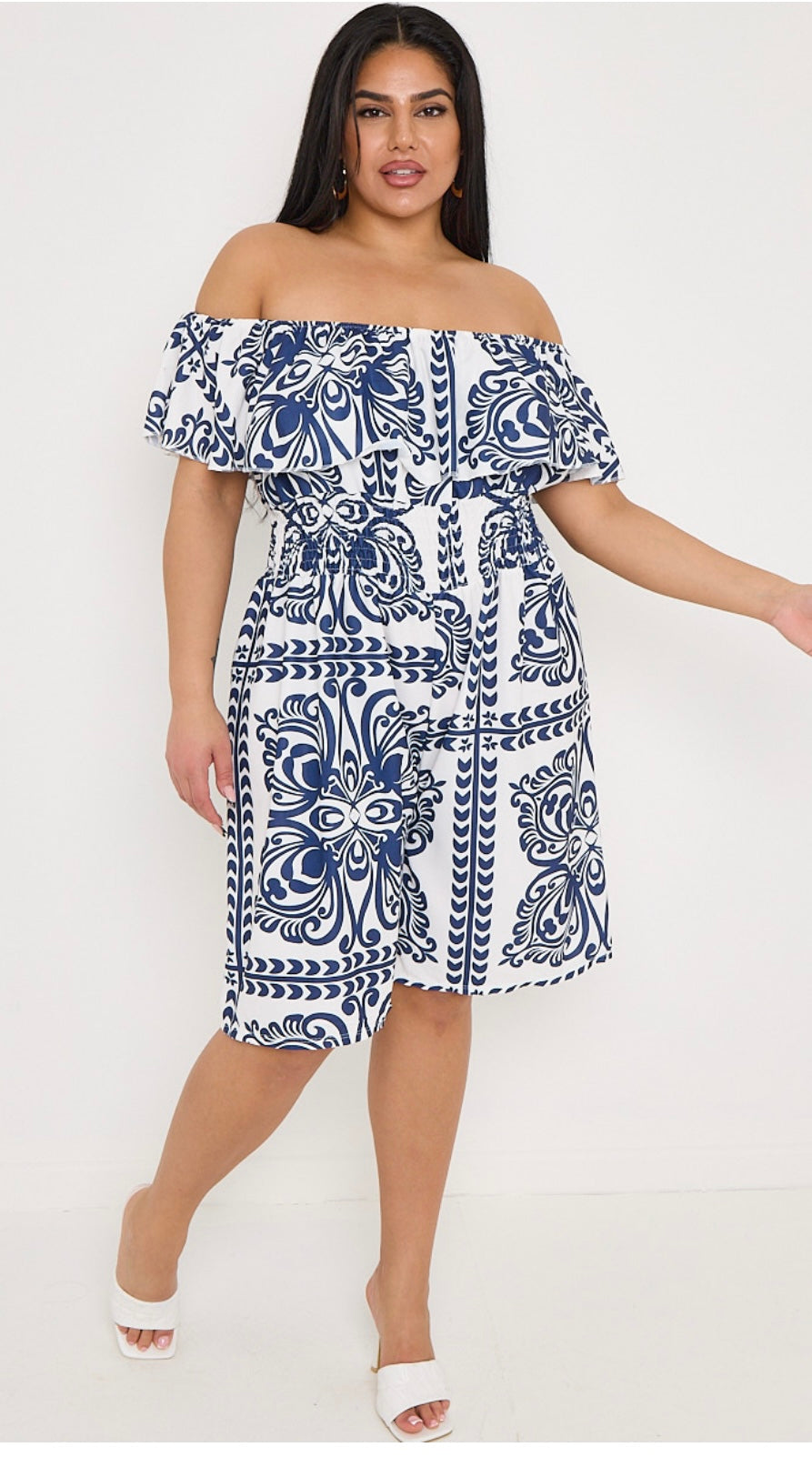 Plus Size Navy Printed Bardot Overlay Shirred Waist Playsuit