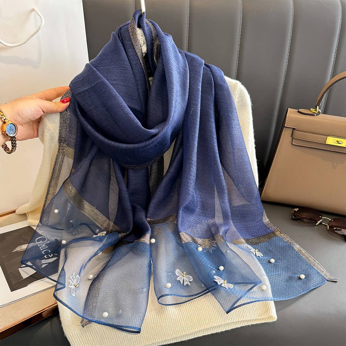 Silk Scarf with Embroidered Bows & Pearls