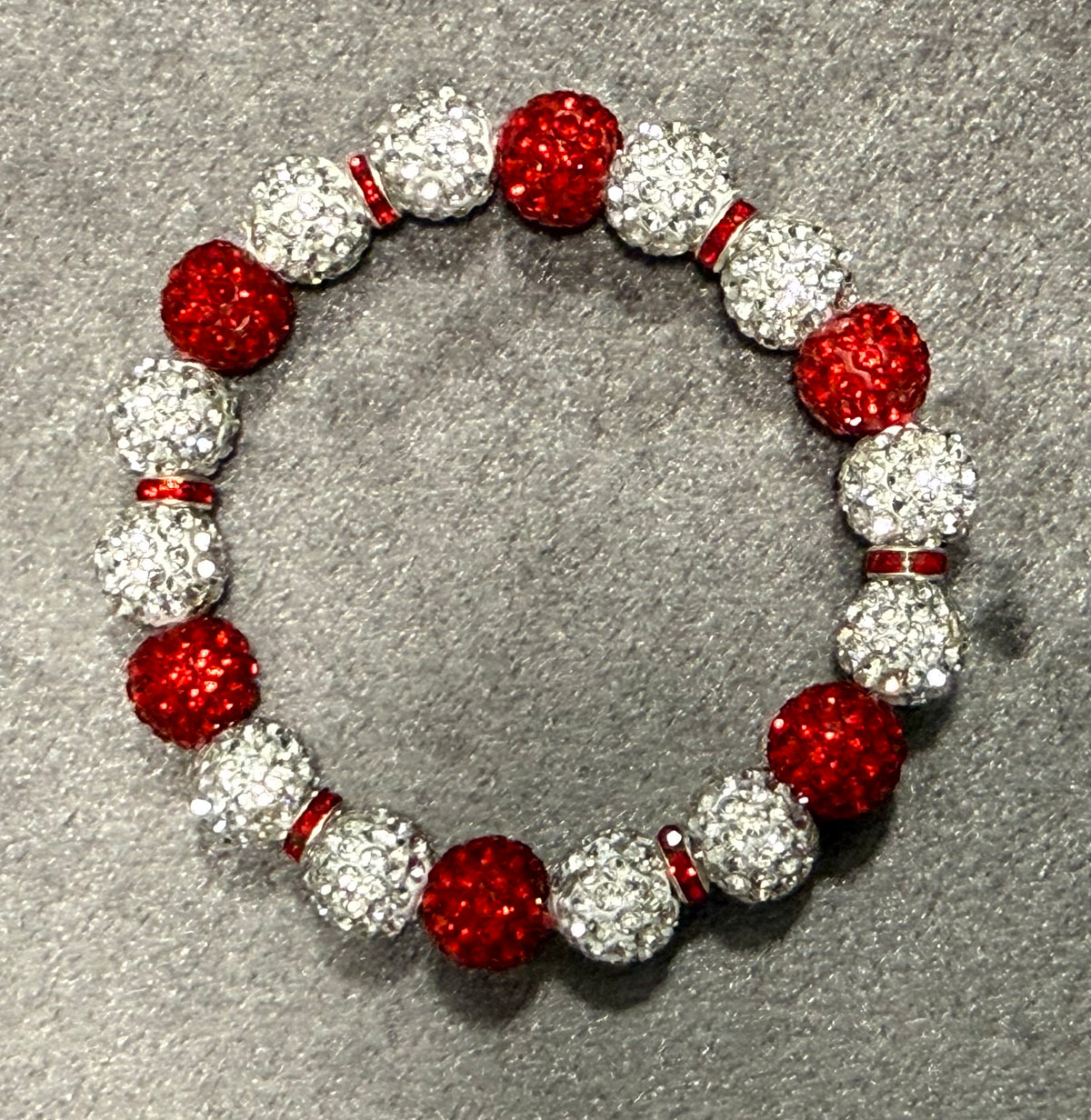 Red and White Shamballa Stretch Bracelet