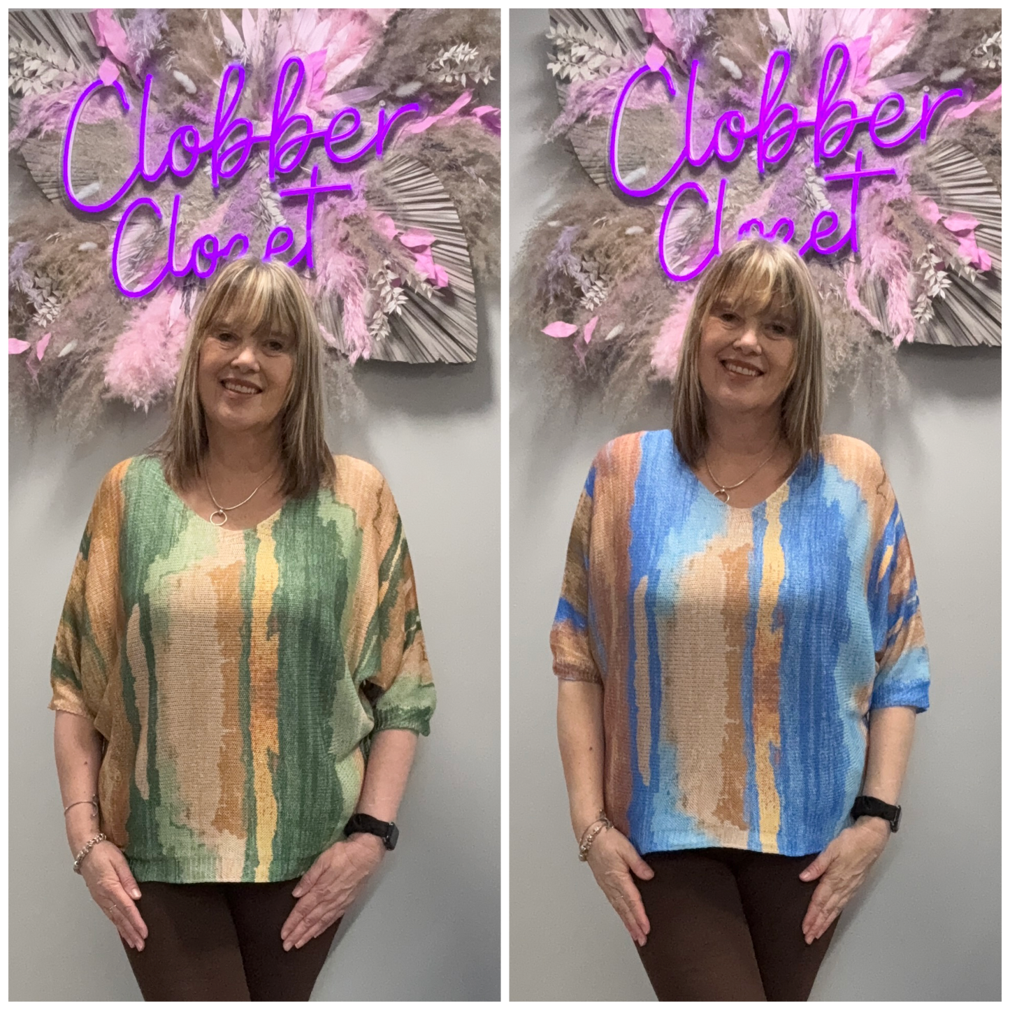 Collage of Woman Wearing Kurt Muller Marble Print V Fine Mesh Knit Top one in Green and brown and one in blue and brown 