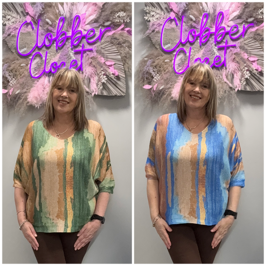 Collage of Woman Wearing Kurt Muller Marble Print V Fine Mesh Knit Top one in Green and brown and one in blue and brown 