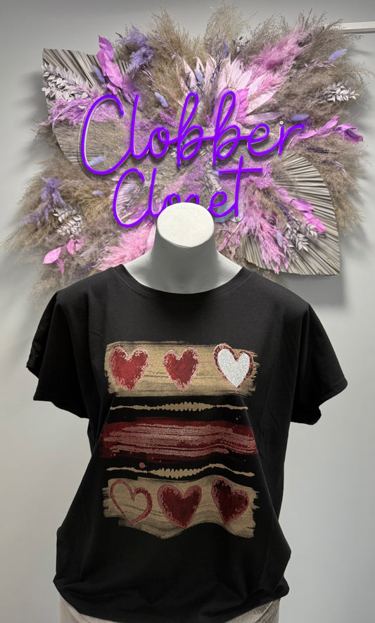 Triple Heart Stripe Metallic High Low Cotton T-shirt