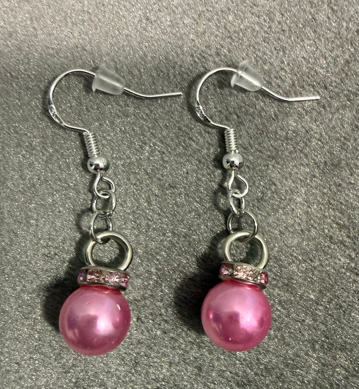 Pink Faux Pearl Dangle Drop Earrings with Sparkle Trim