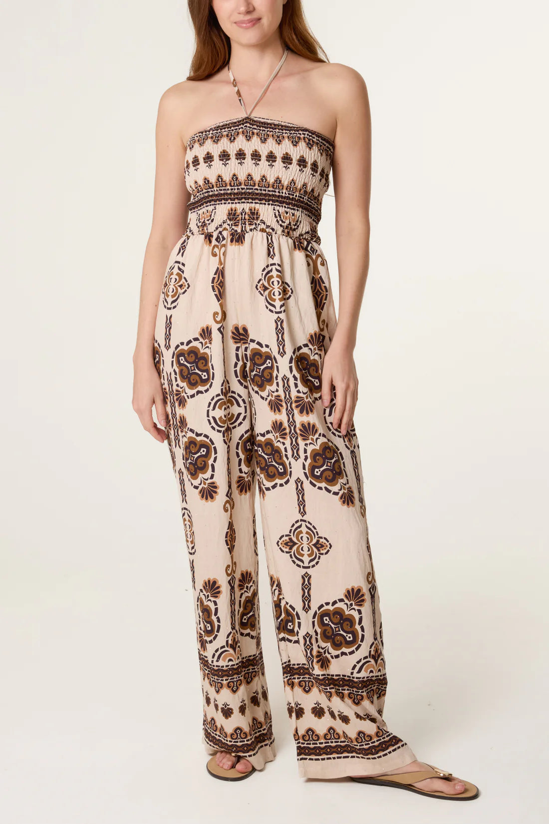 Beige and Brown Tribal Print Jumpsuit with Shirred Bodice, Halter-Neck and Wide Leg