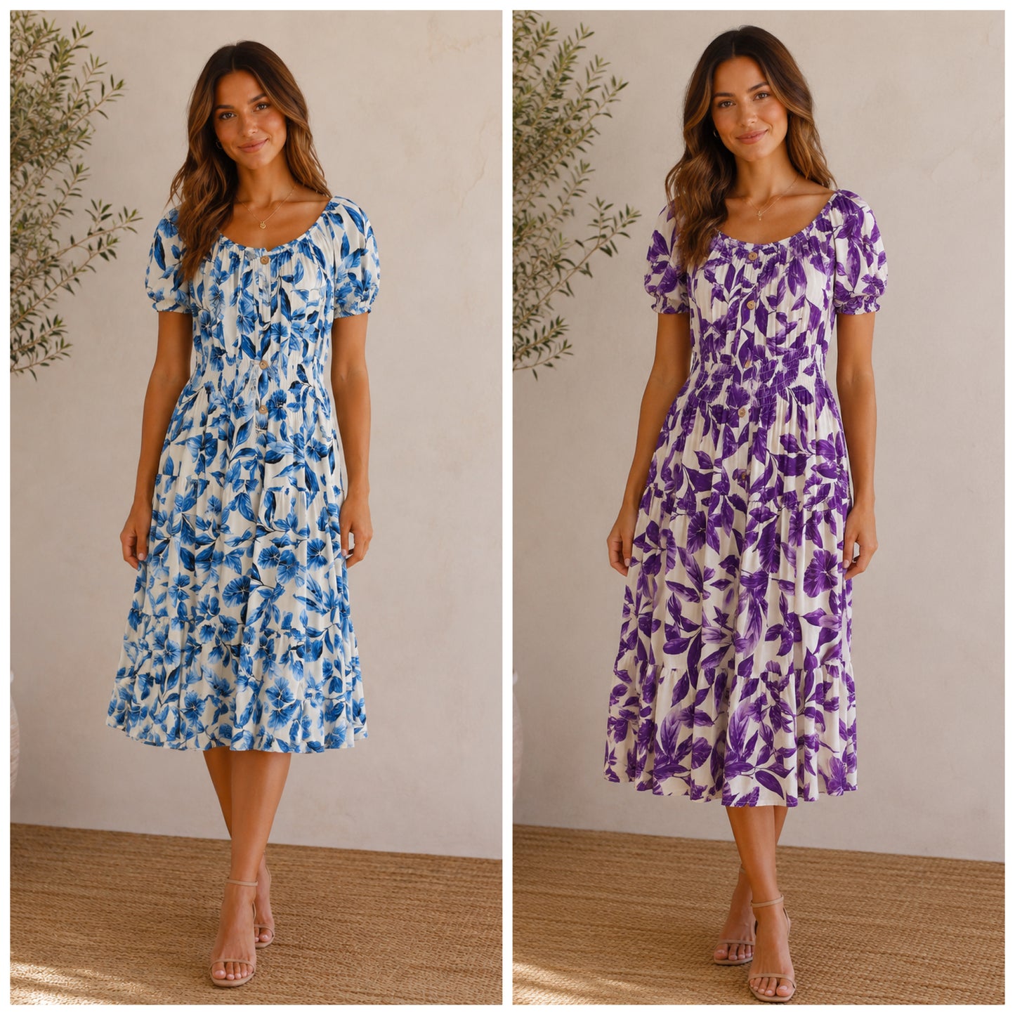 Two images of a woman wearing floral dresses against a neutral background.