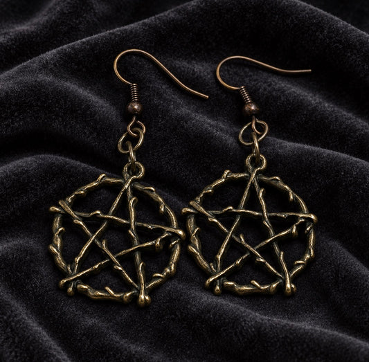 A pair of dangling earrings with twisted metal wire pentagrams inside hexagonal rings, shown on a dark textured velvet background.