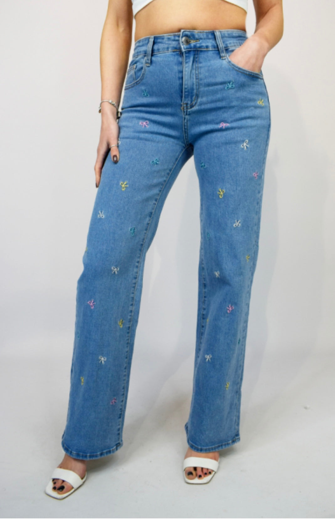 Coloured Embroidered Bow Wide Leg Jeans