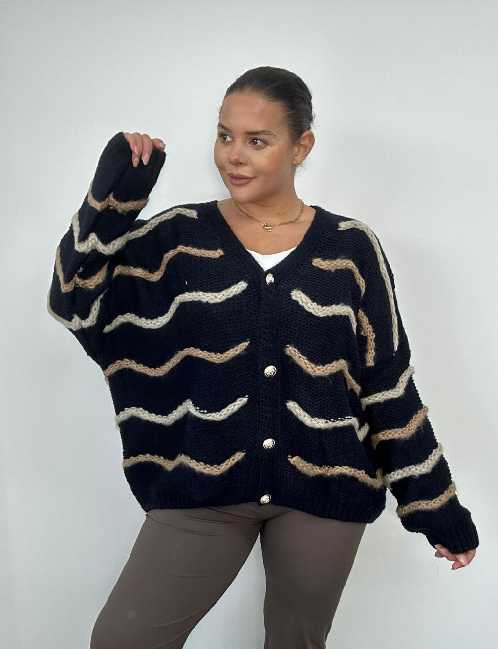 Plus Size Chunky Knit Striped Cardigan with Button Front