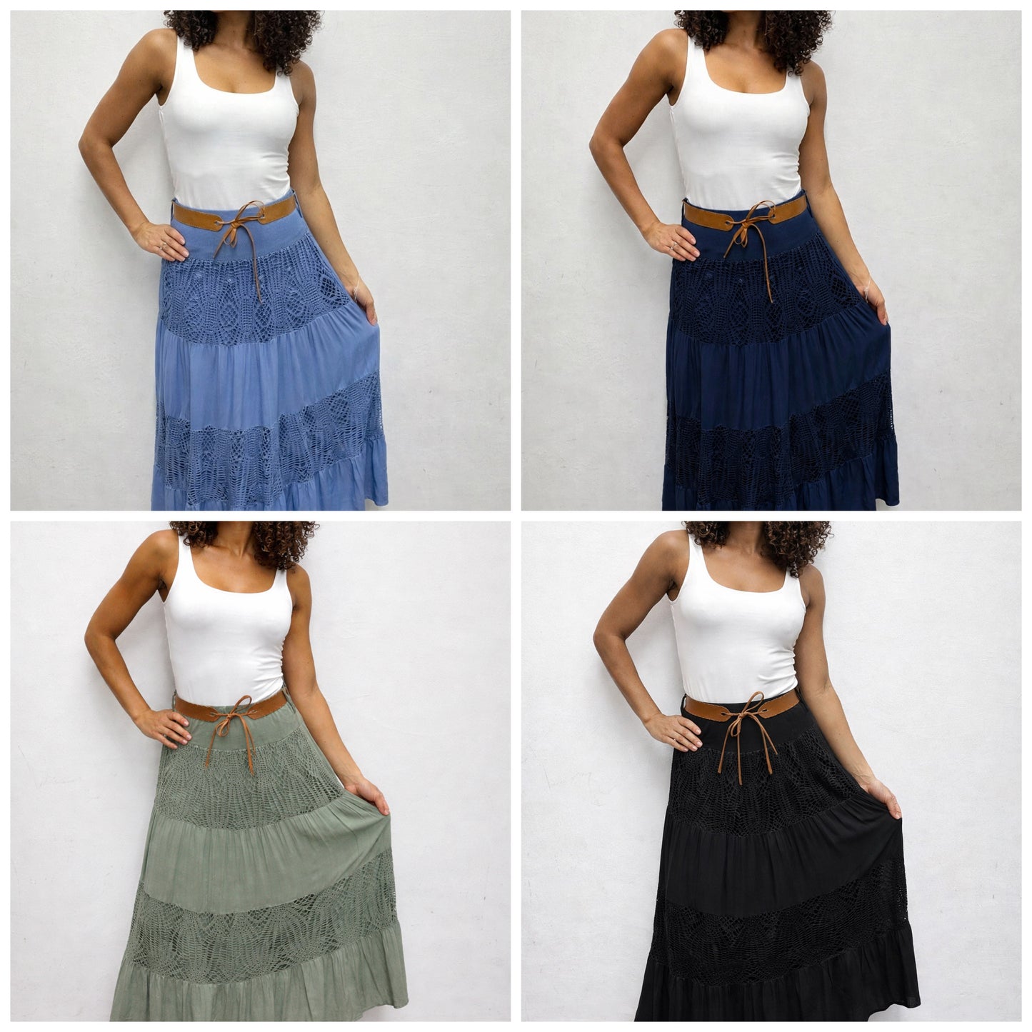 Belted and Tiered Crochet Maxi Gypsy Skirt