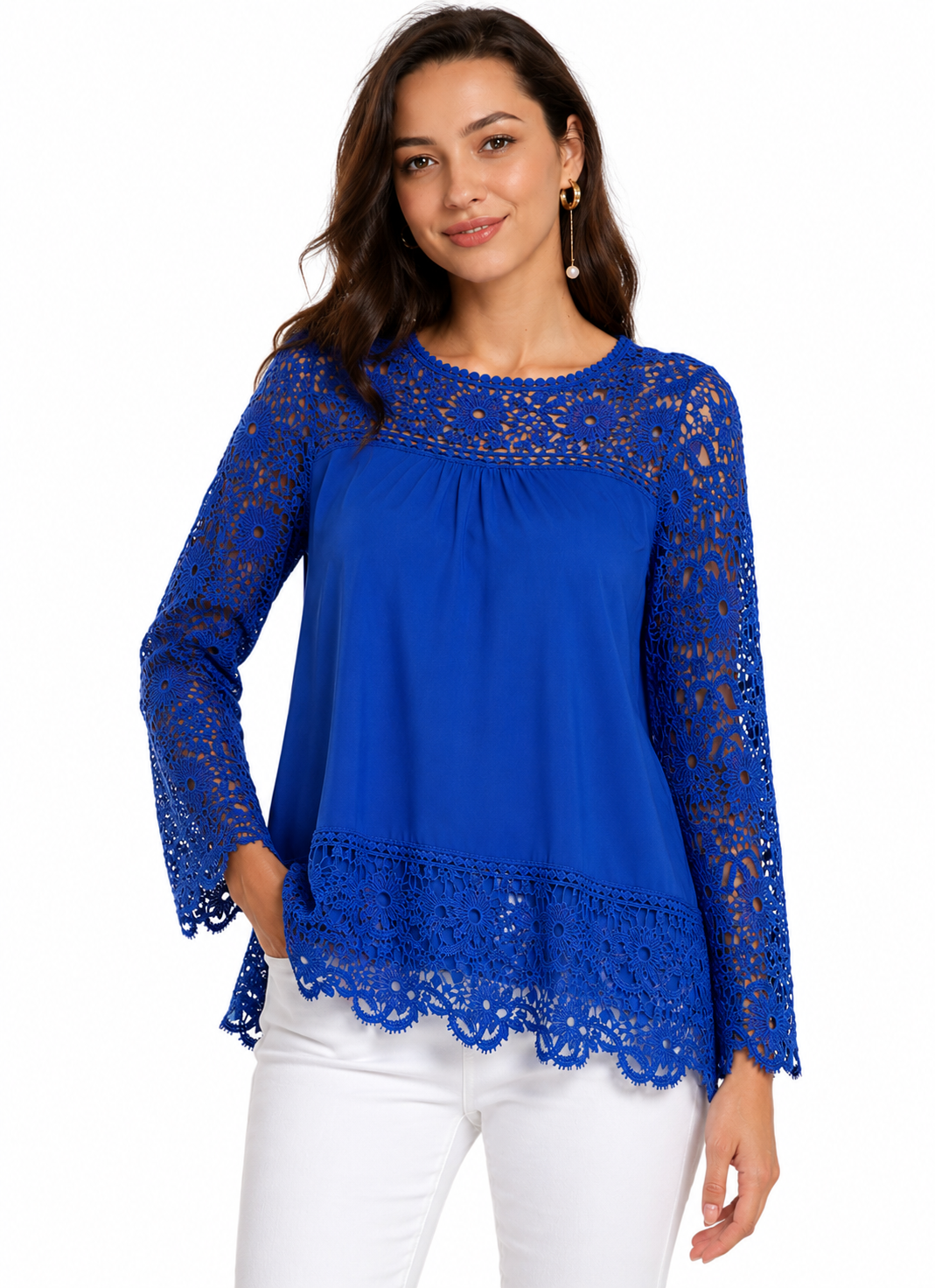 Royal Blue Top with Lace Neckline, Hem and Sleeves