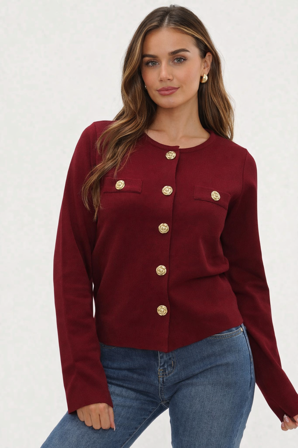 Crew Neck Gold Popper Button Knitted Cardigan