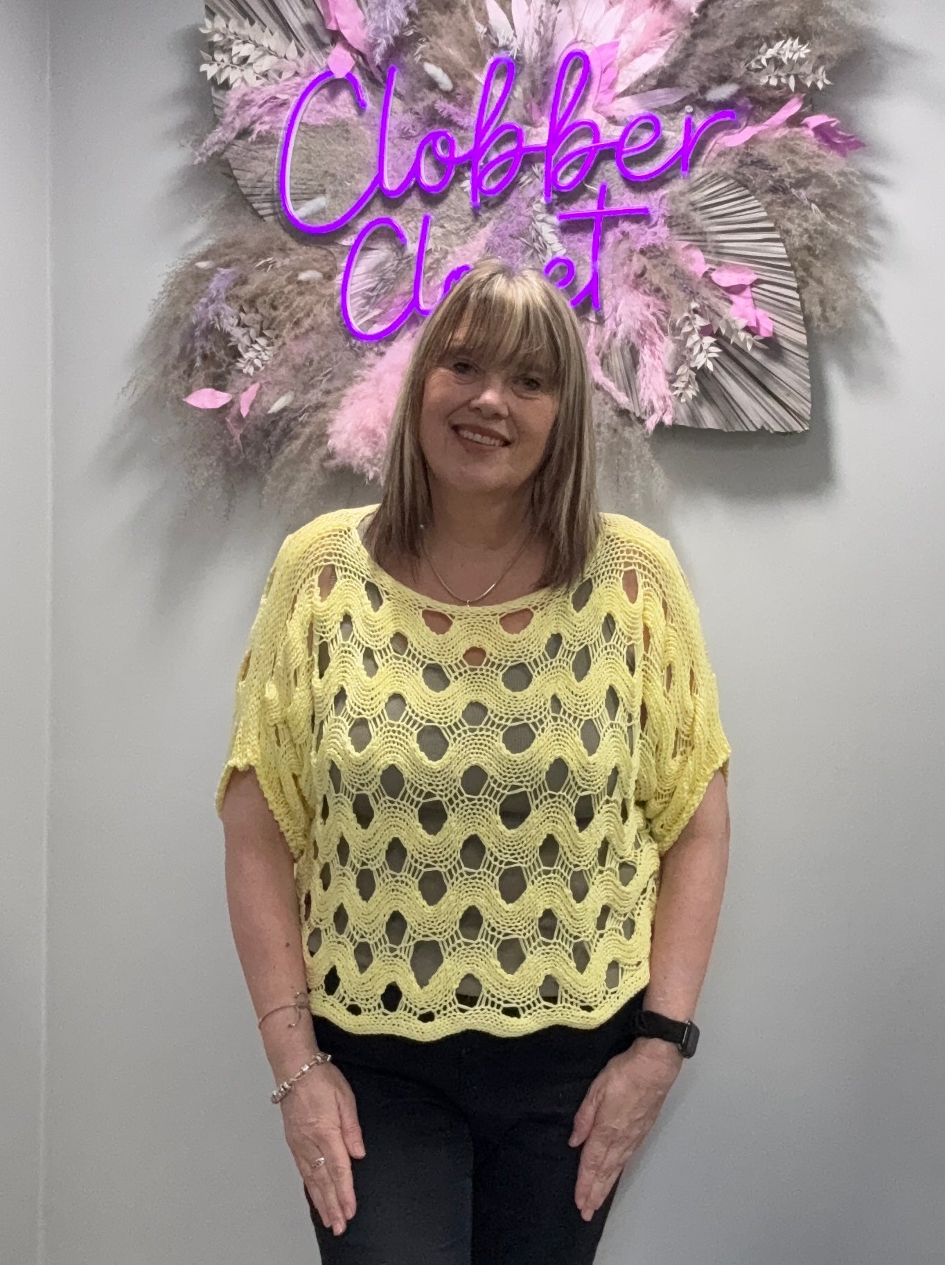 Woman wearing Yellow Oversized Crochet Top