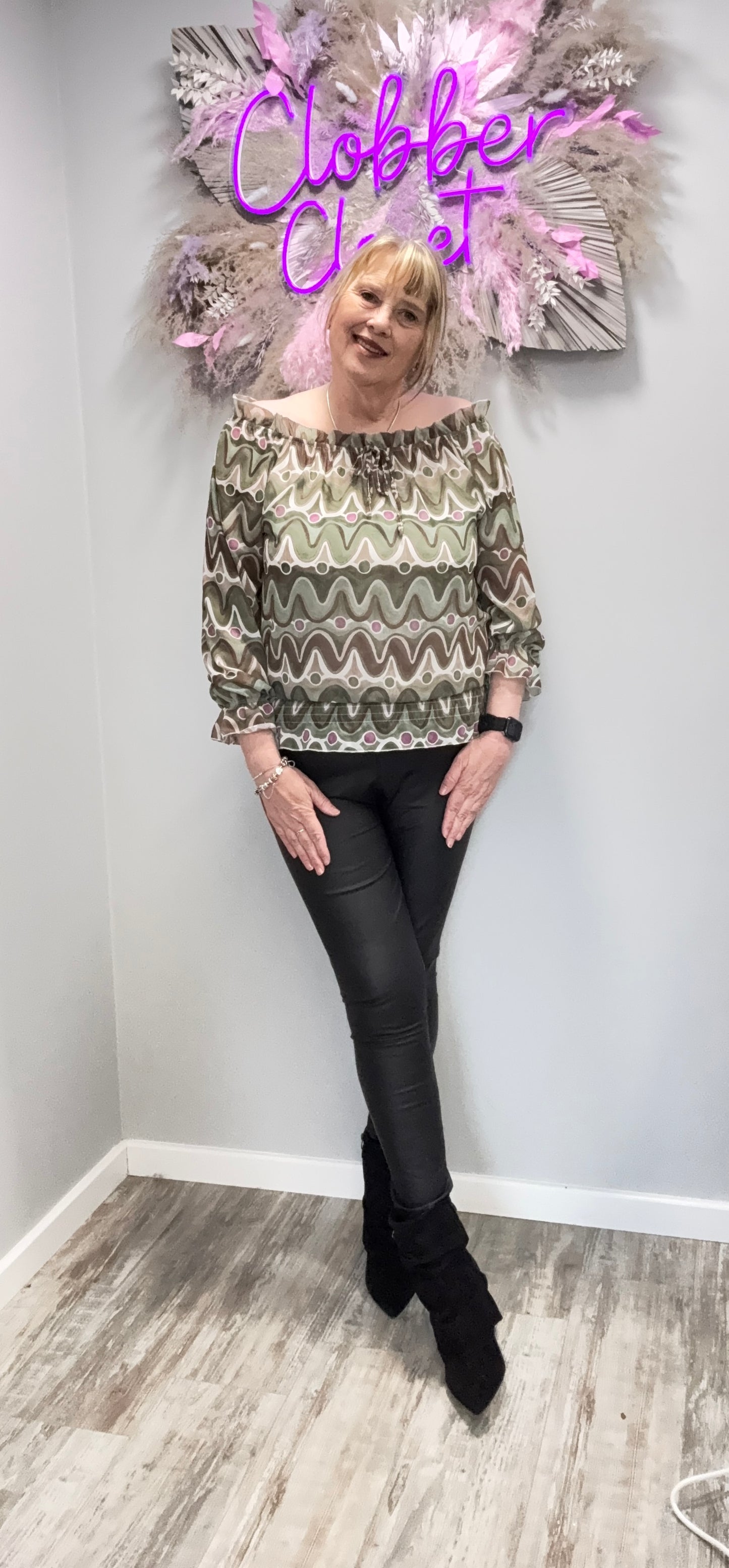 Wave Print Ruffle Bardot Blouse