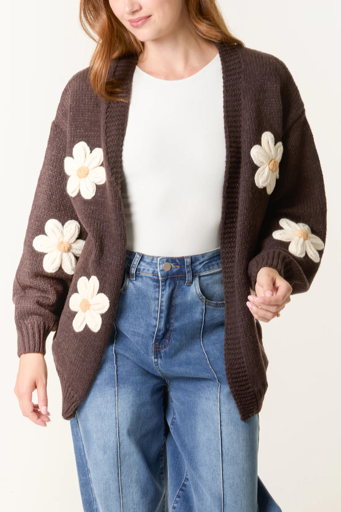 Edge to Edge Open Front 3D Daisy Flower Cardigan