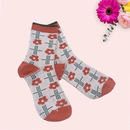 Daisy Flower Pattern Socks - Rust