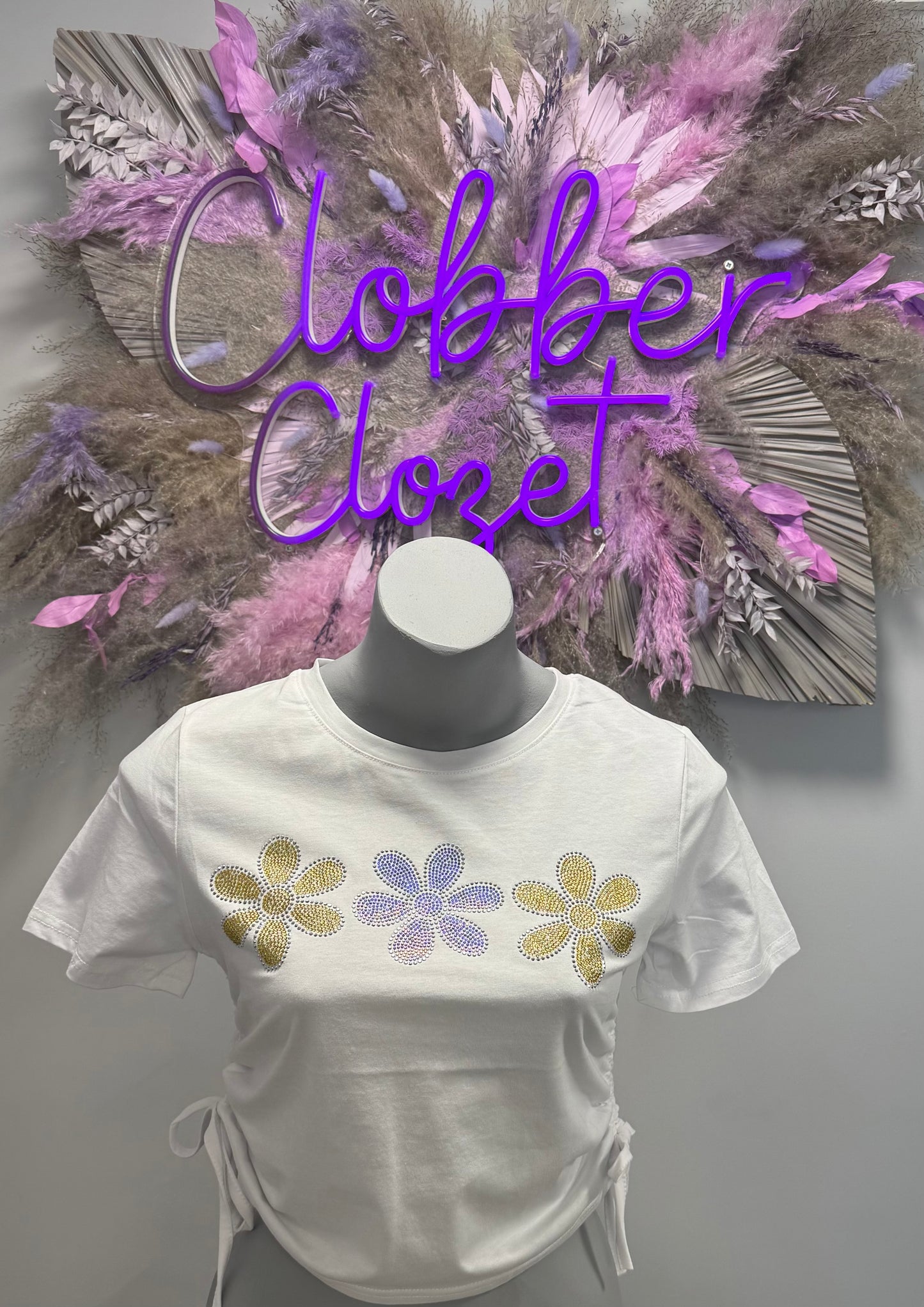 Danika White Side Tie Diamante Flower Crop Top
