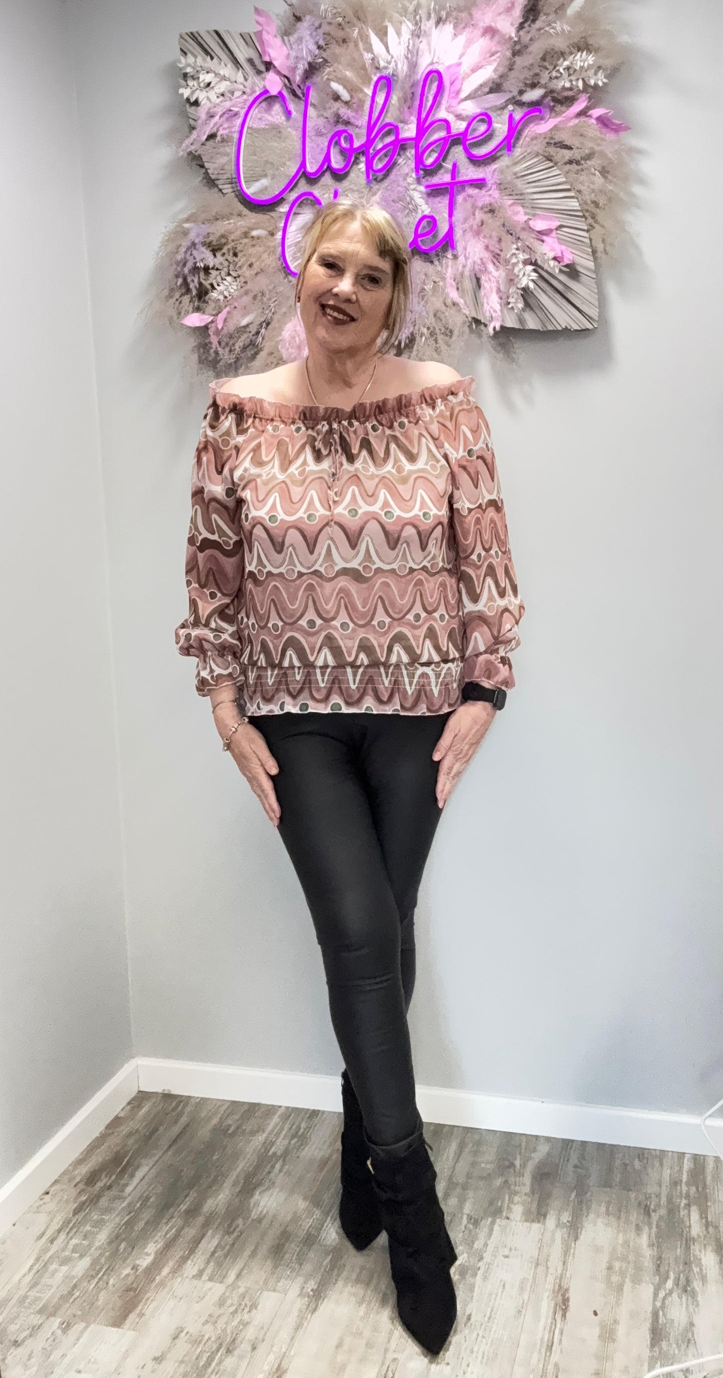 Wave Print Ruffle Bardot Blouse