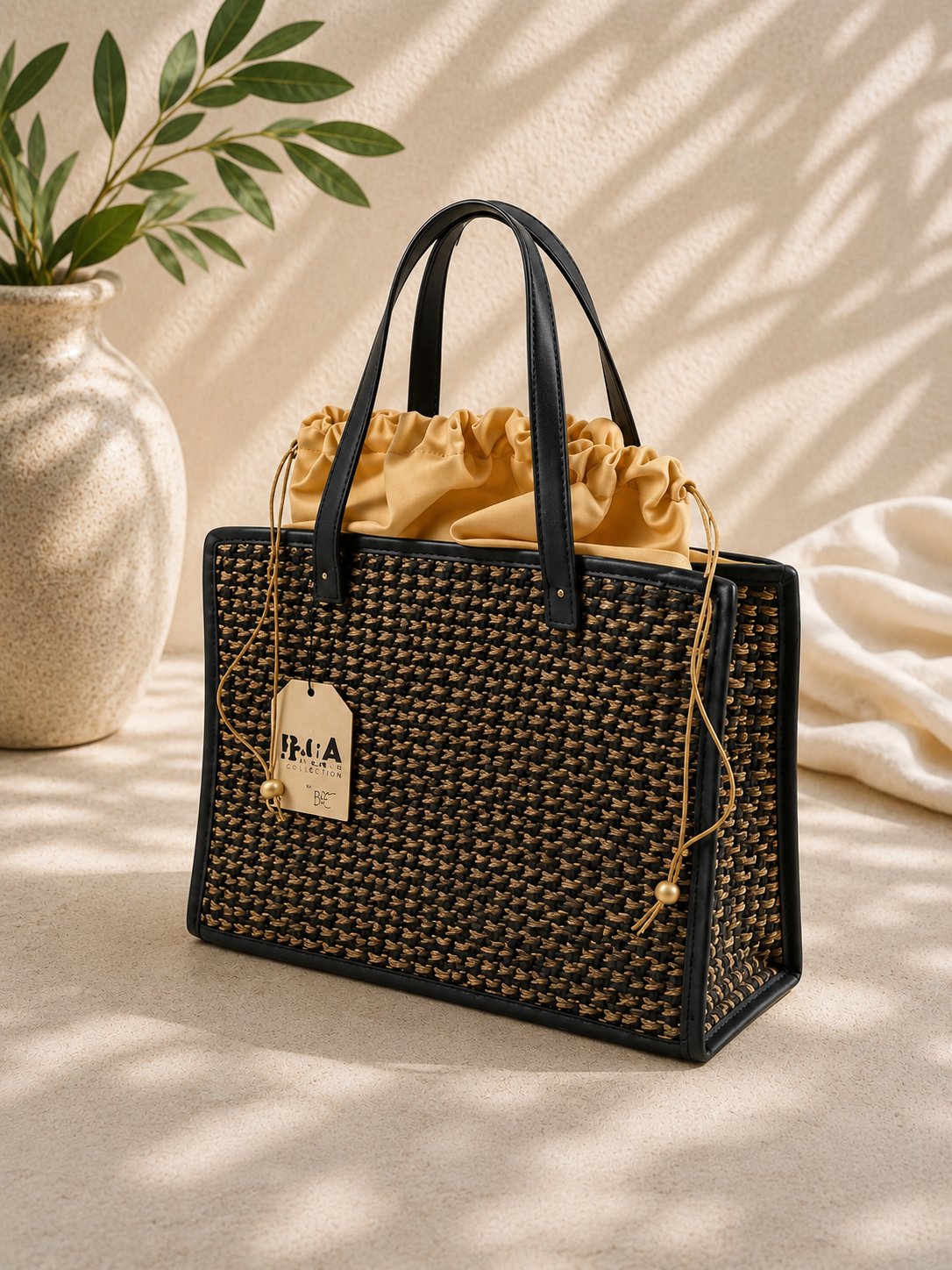 Woven handbag with black trim on a neutral background
