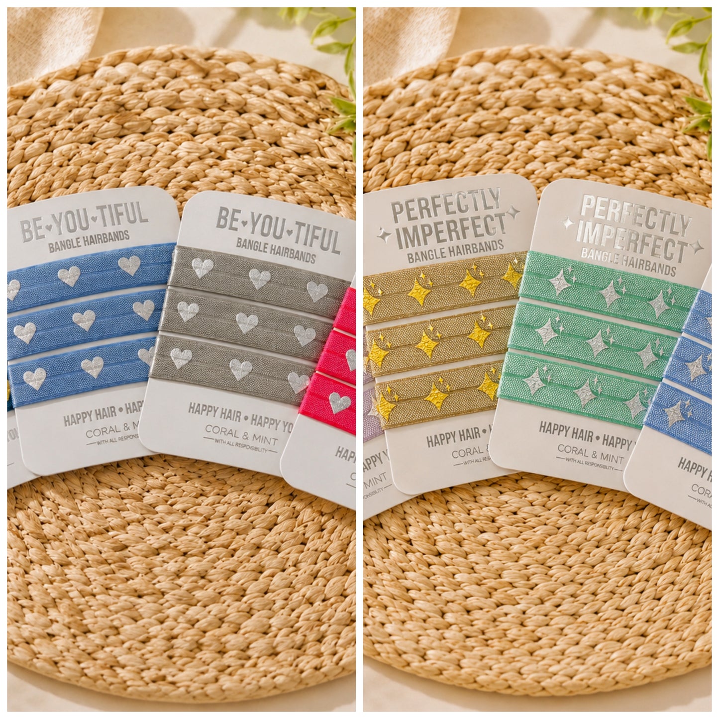 Two side-by-side product displays showing packaged single hairbands laid on woven round mats. The left set reads 'BE-YOU-TIFUL' and shows blue, gray, and pink hairbands with white heart patterns.