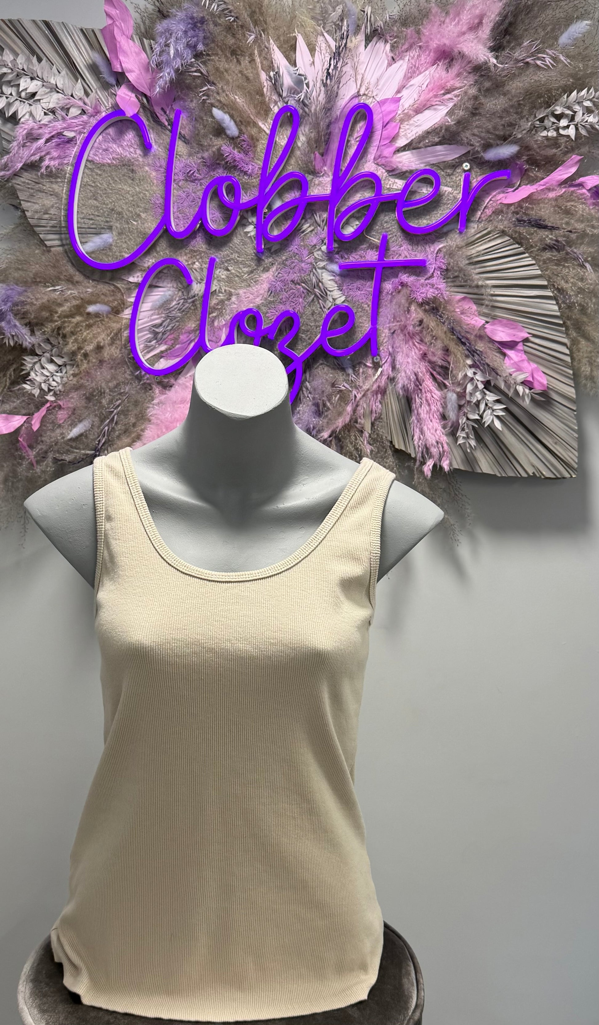 Beige Cotton Ribbed Vest Top on a mannequin