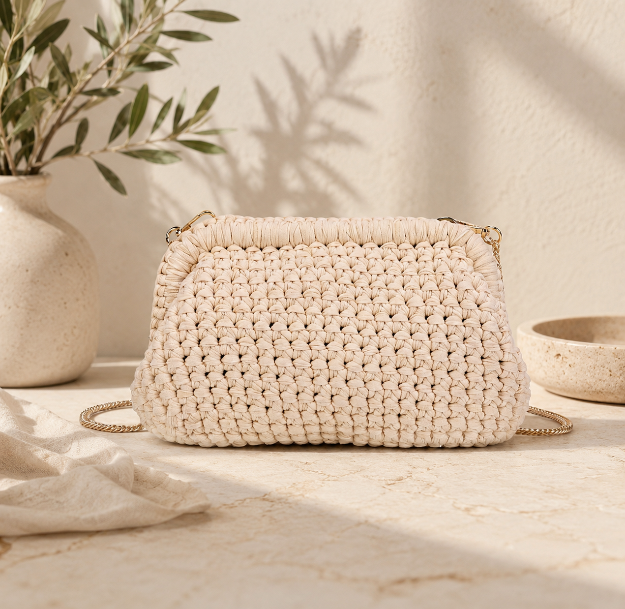 Woven handbag on a marble surface with a neutral background