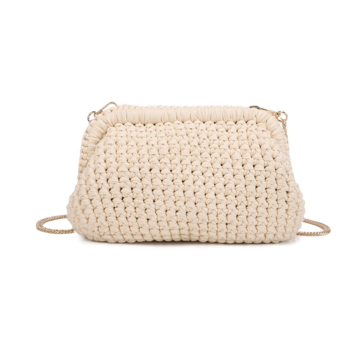 Beige woven handbag on a white background