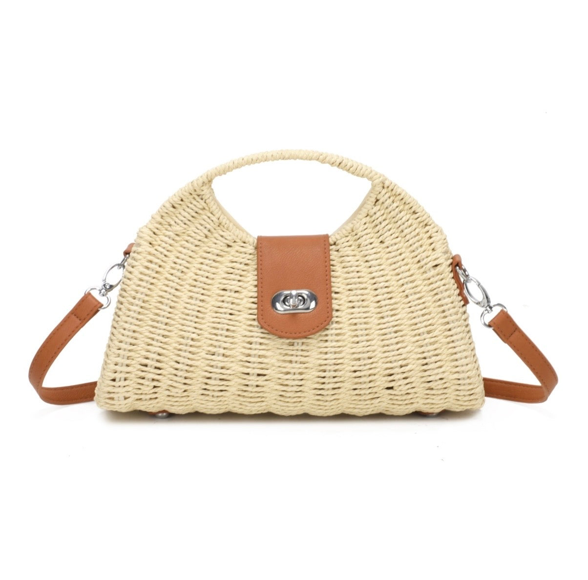 Woven handbag with brown accents on a white background