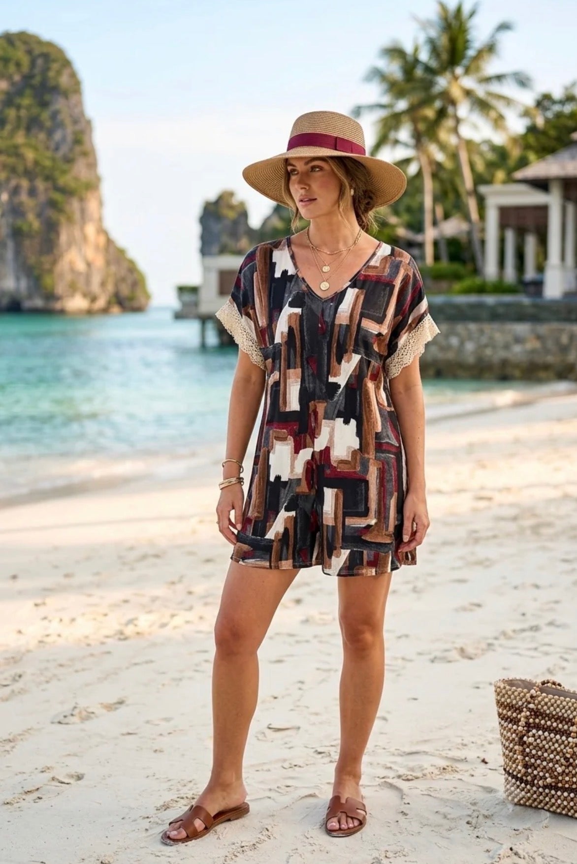 A woman stands on a sandy beach wearing a short, loose V-neck dress with an abstract geometric pattern in beige, brown, black, and white. She is also wearing a wide-brimmed straw hat with a dark red band, brown sandals, and standing near a woven bag.