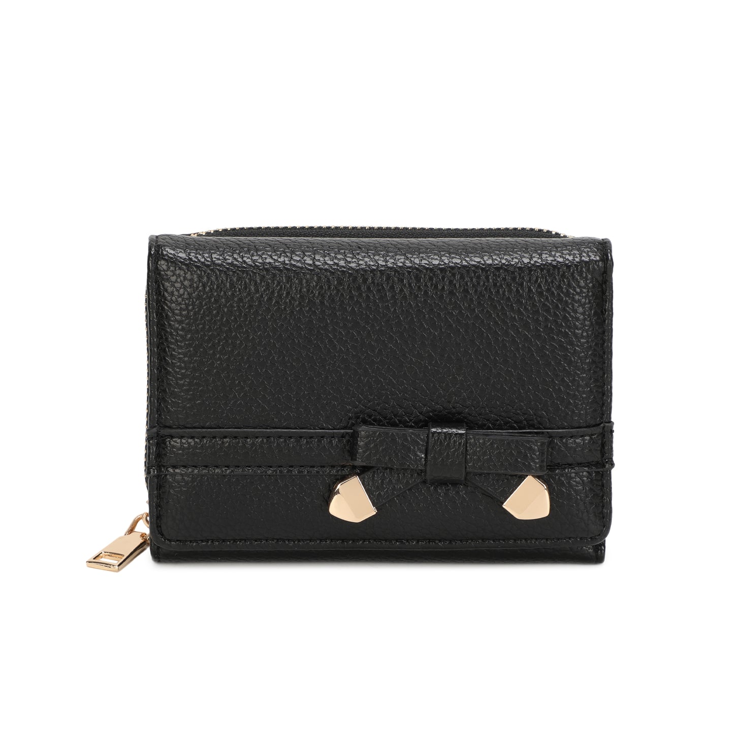 Black Bow Detail Purse with gold accents on a white background