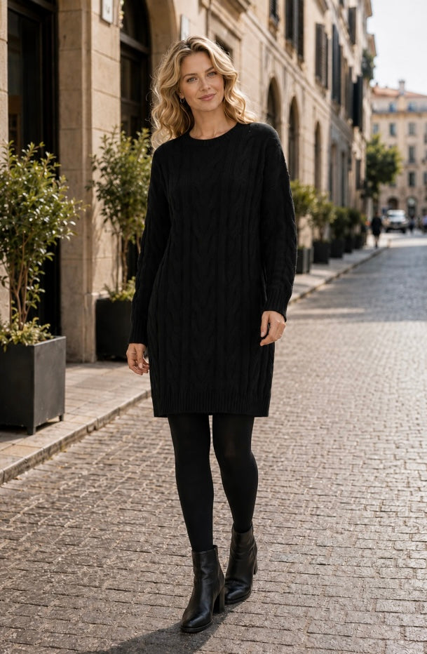 A woman stands on a cobblestone street wearing a black long-sleeve cable-knit sweater dress, black tights, and black ankle boots.