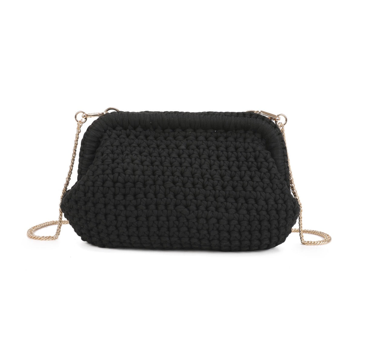 Black knitted handbag with a chain strap on a white background
