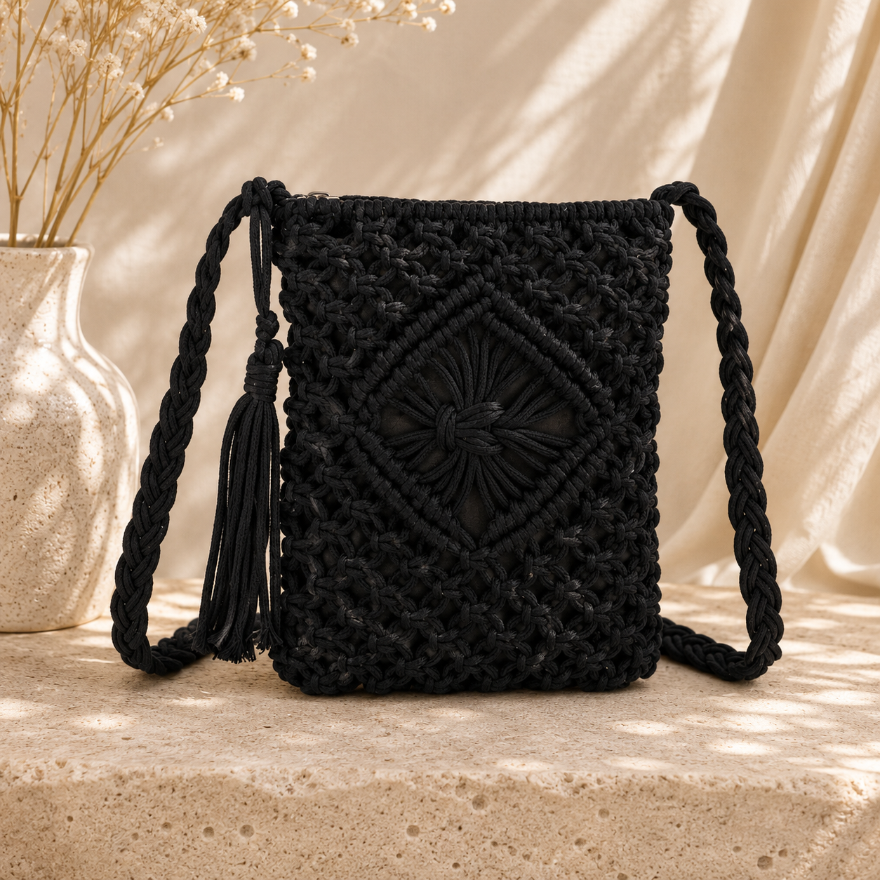 Black woven handbag with tassels on a neutral background