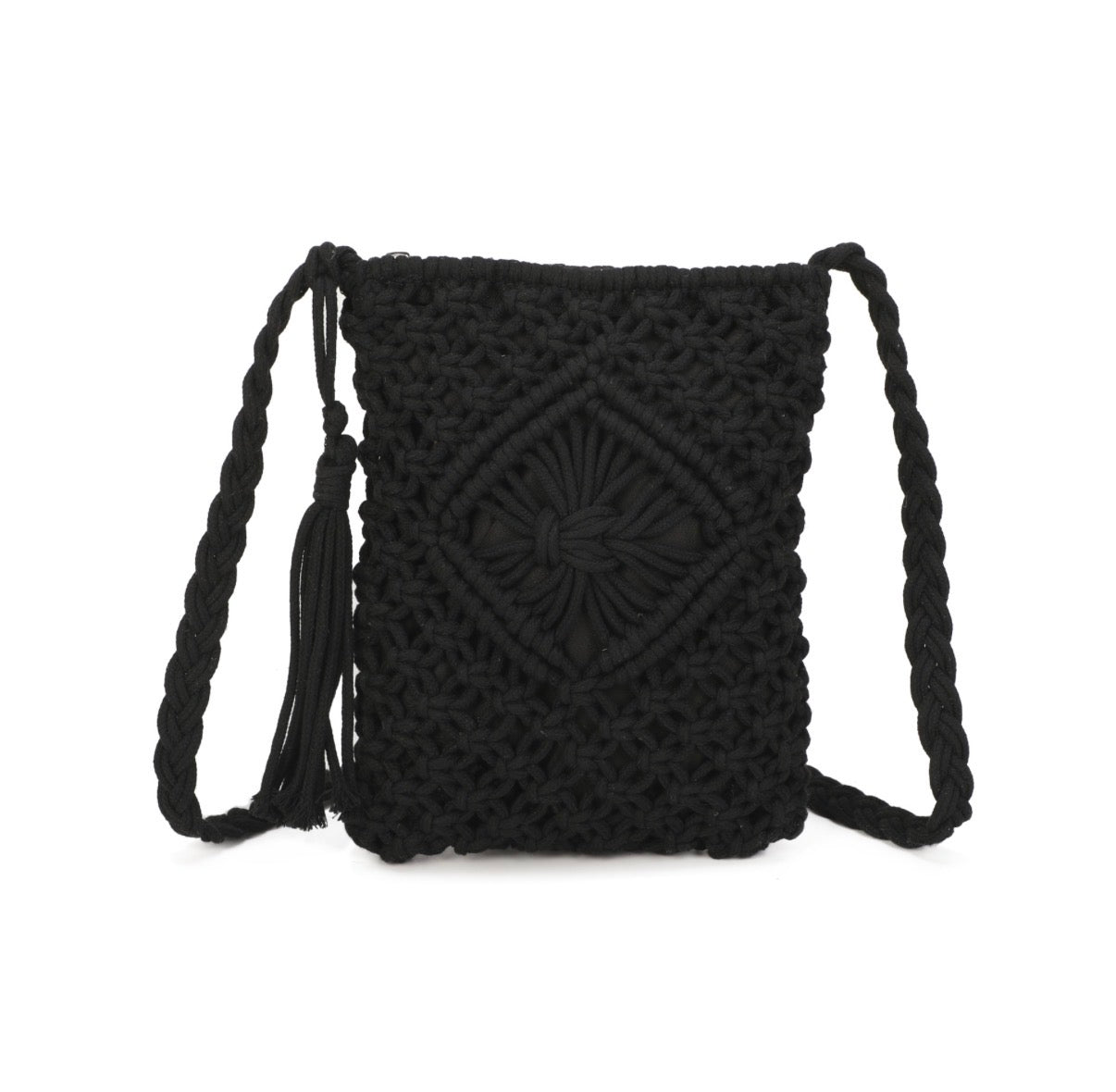 Black woven crossbody bag with tassels on a white background
