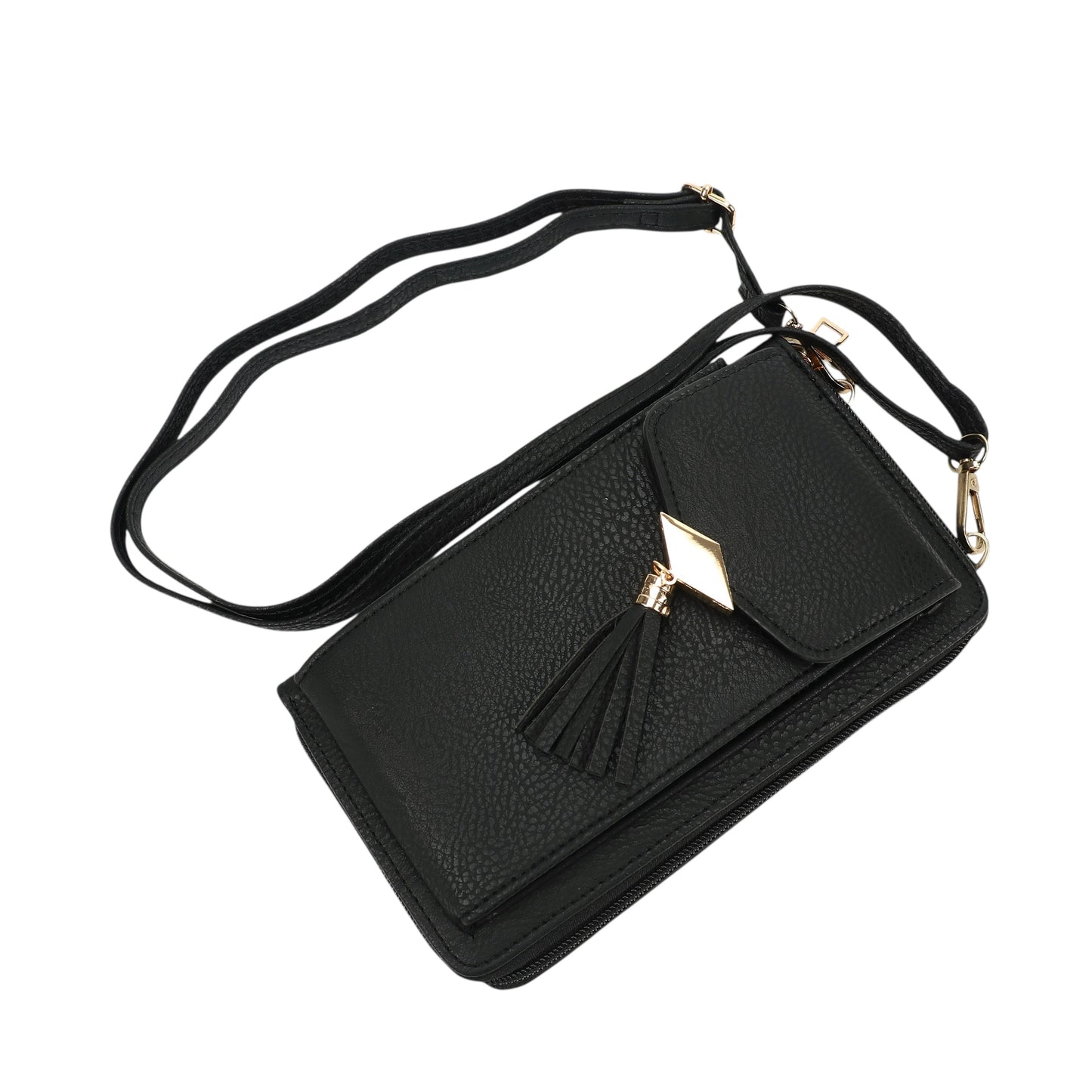 Black crossbody bag with a tassel on a white background