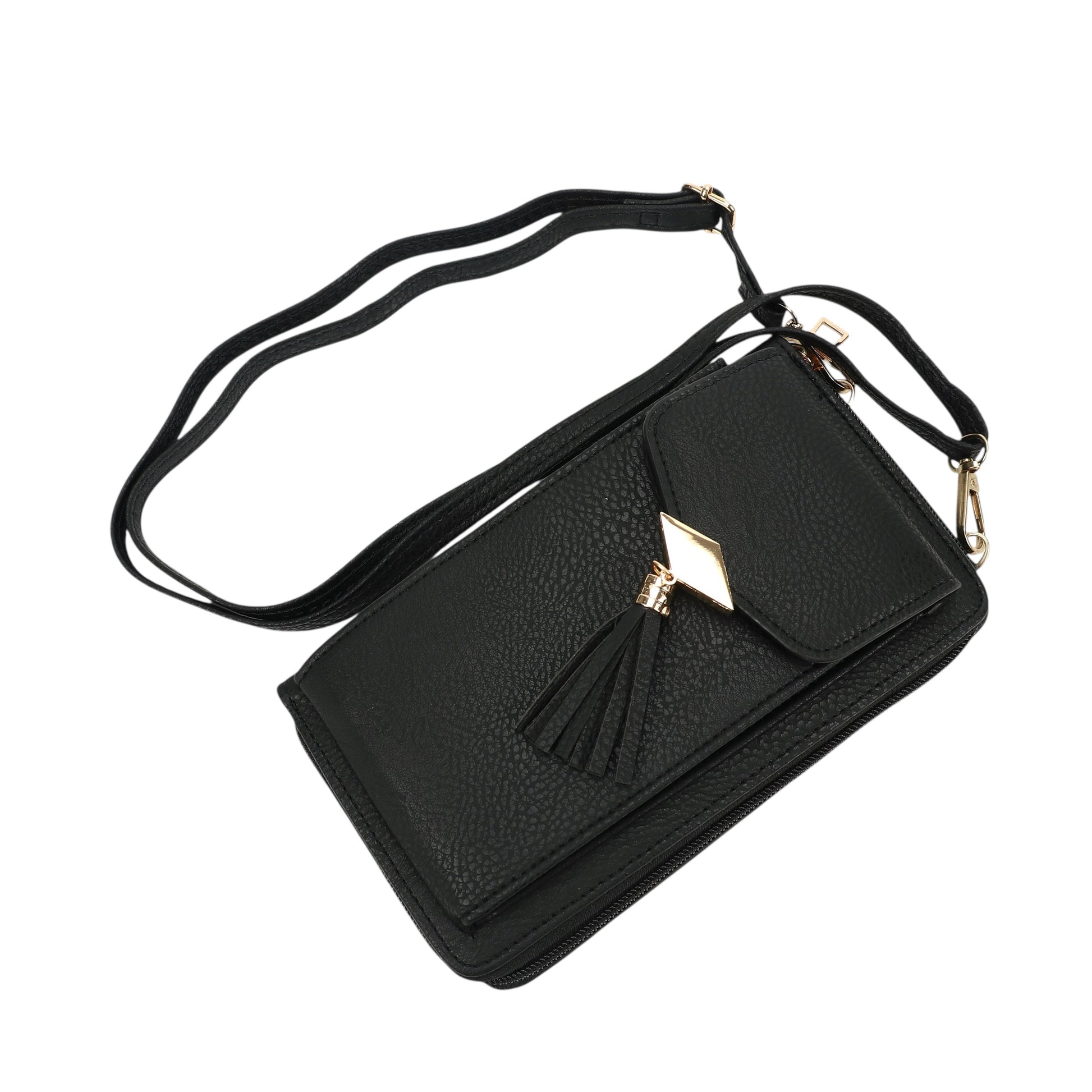 Black crossbody bag with a tassel on a white background