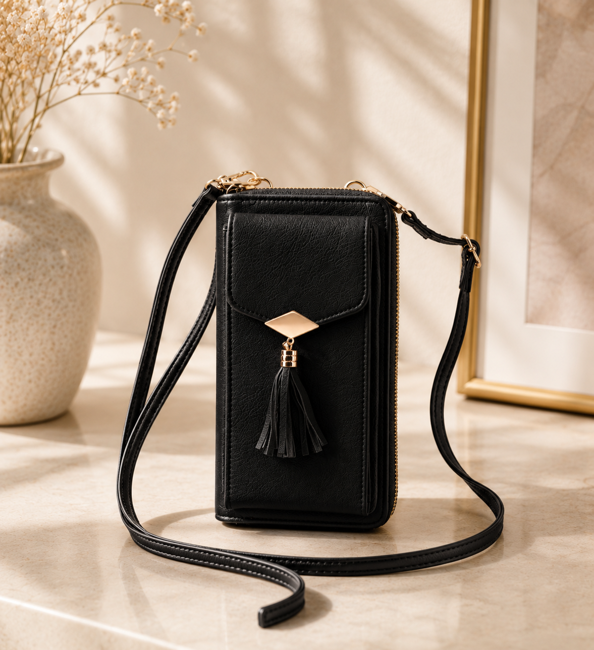 Black crossbody bag with a tassel on a light wooden surface.
