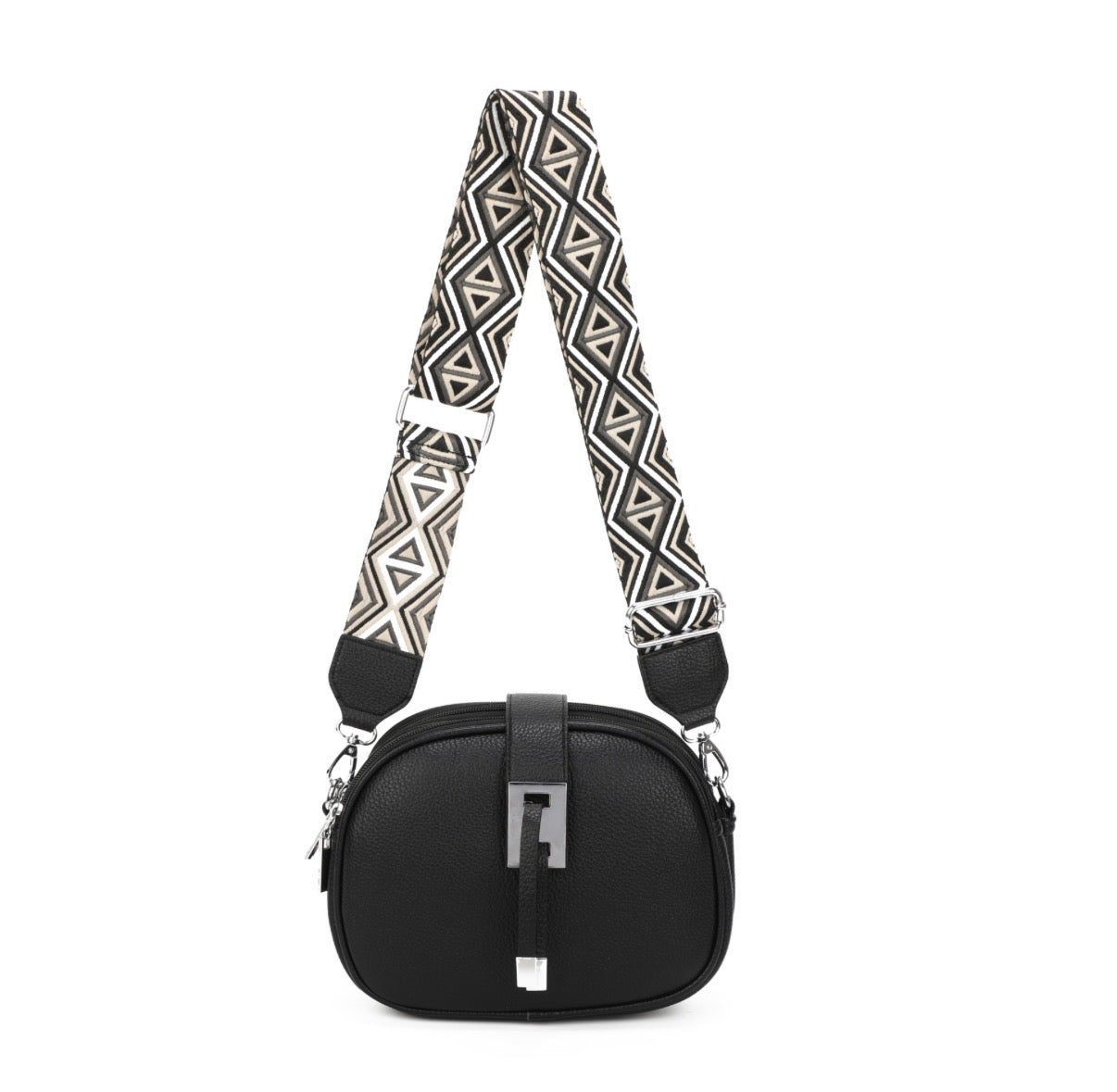 Black handbag with a patterned strap on a white background