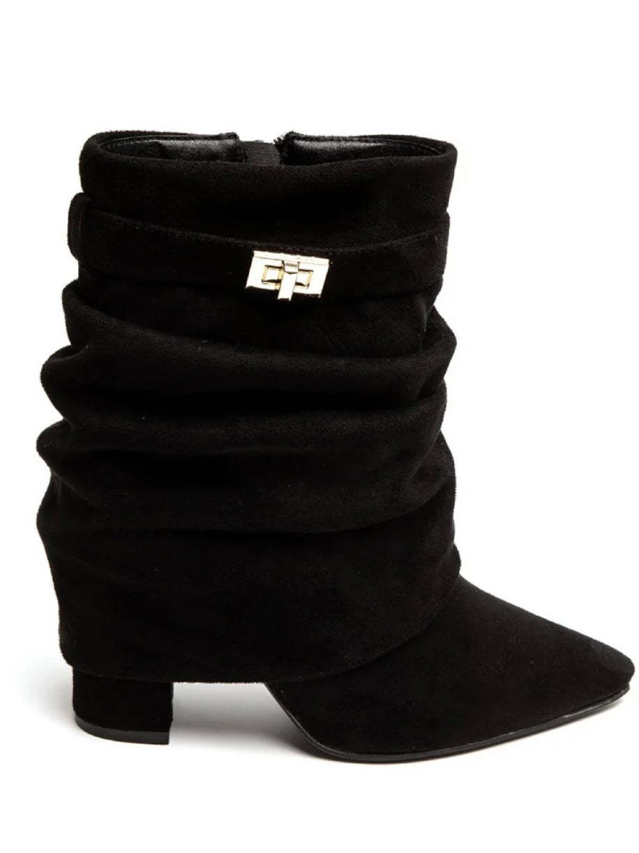 Black slouchy boot with a brand logo on a white background