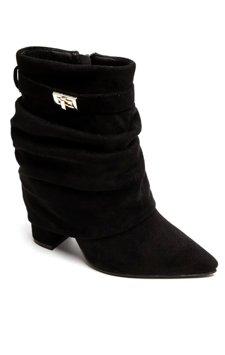 Black Faux Suede Pointed Toe Fold Over Hidden Block Heel Western Style Boots