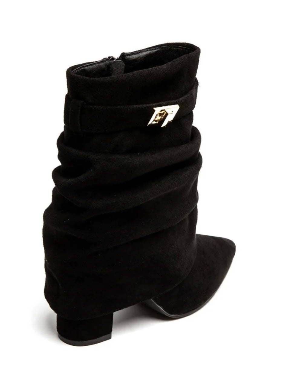 Black boot with a unique design on a white background