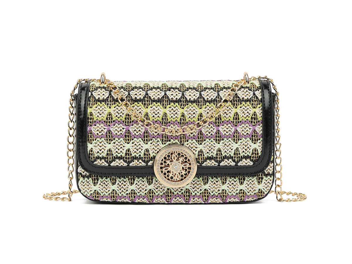 Black and Multicoloured Patterned handbag with a chain strap on a white background