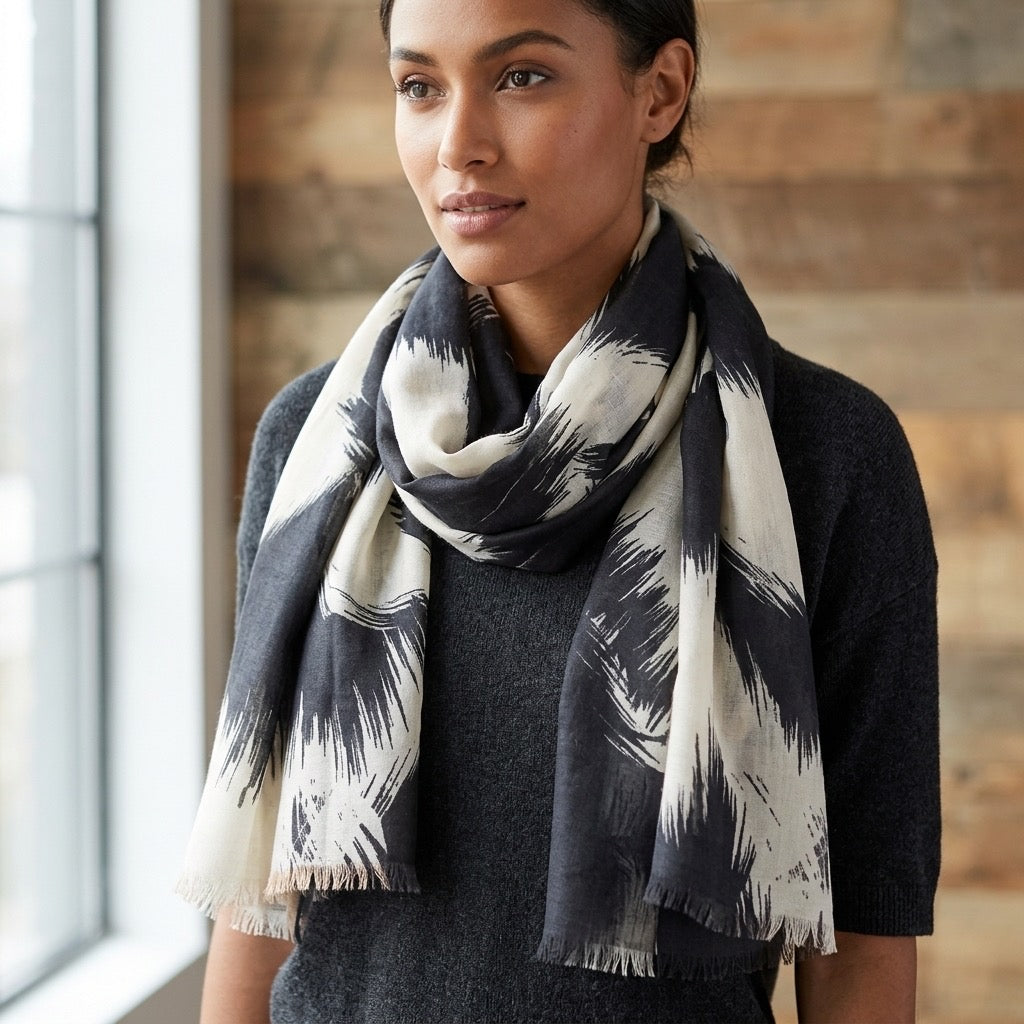 Woman wearing a Black and White Art Brush Print patterned scarf indoors